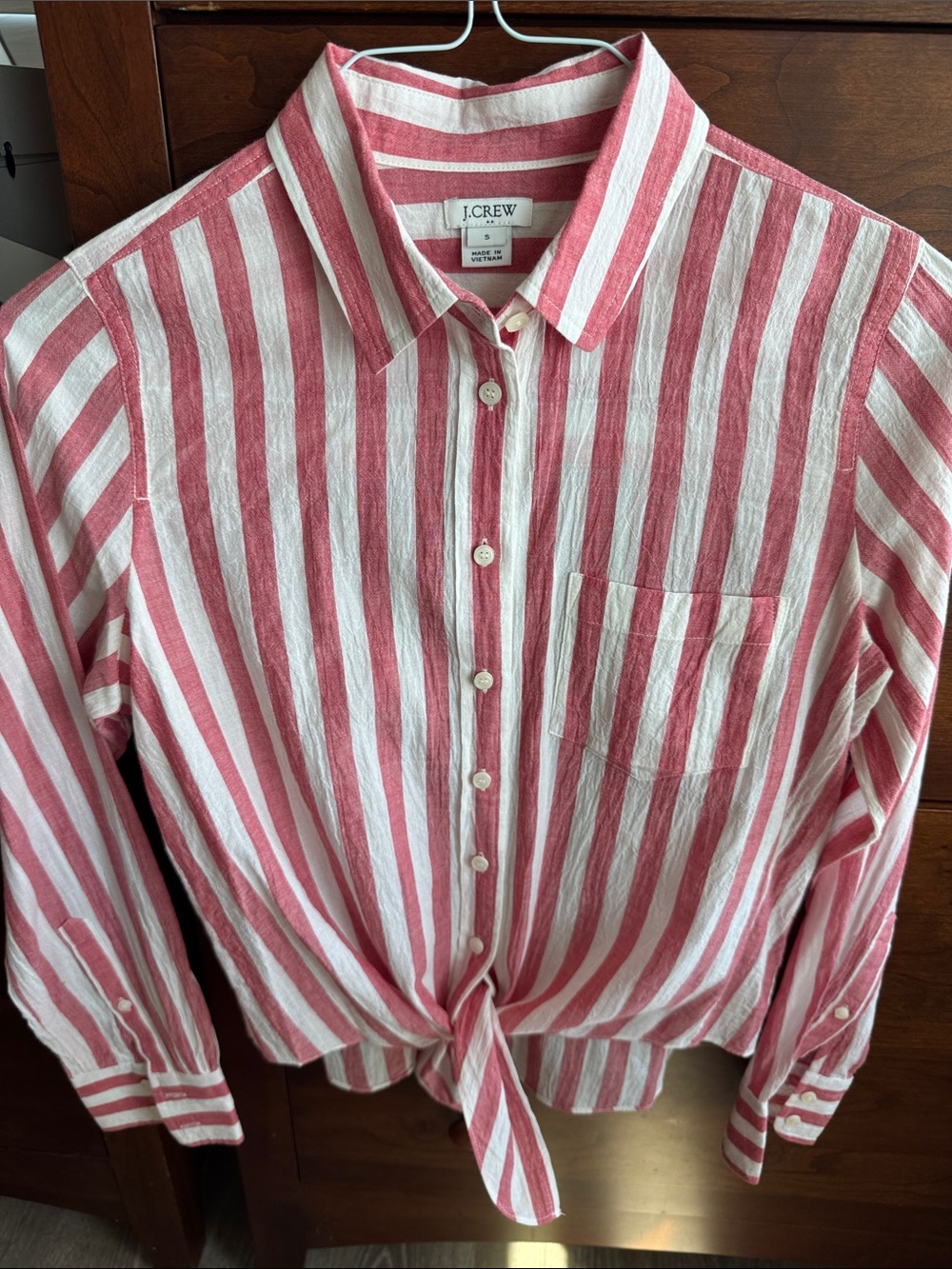 J. Crew Pink and White Striped Tie-Front Button-Up Shirt